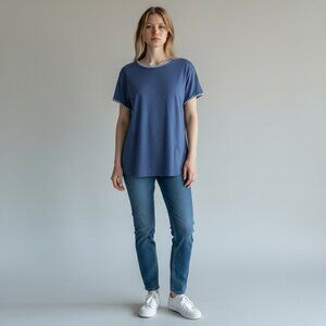 Ideology Women's Large Blue Blanket-Stitch Drop-Hem T-Shirt Athleisure Top L